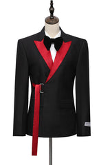 Fashionable Black Party Suit with Peaked Lapel and Buckle