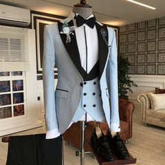 Fashionable Black Peaked Lapel Sky Blue Three-Piece Party Suit for Men
