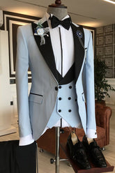 Fashionable Black Peaked Lapel Sky Blue Three-Piece Party Suit for Men