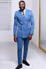Fashionable Blue Double-Breasted Western Wedding Suit with Peaked Lapel