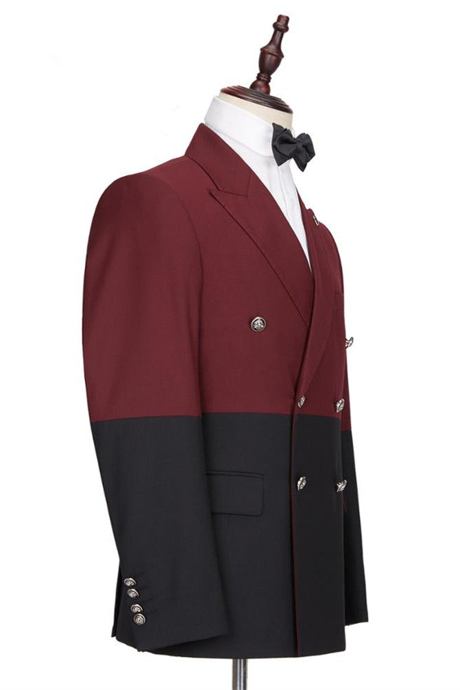 Fashionable Burgundy and Black Double-Breasted Prom Suit with Peaked Lapel for Men