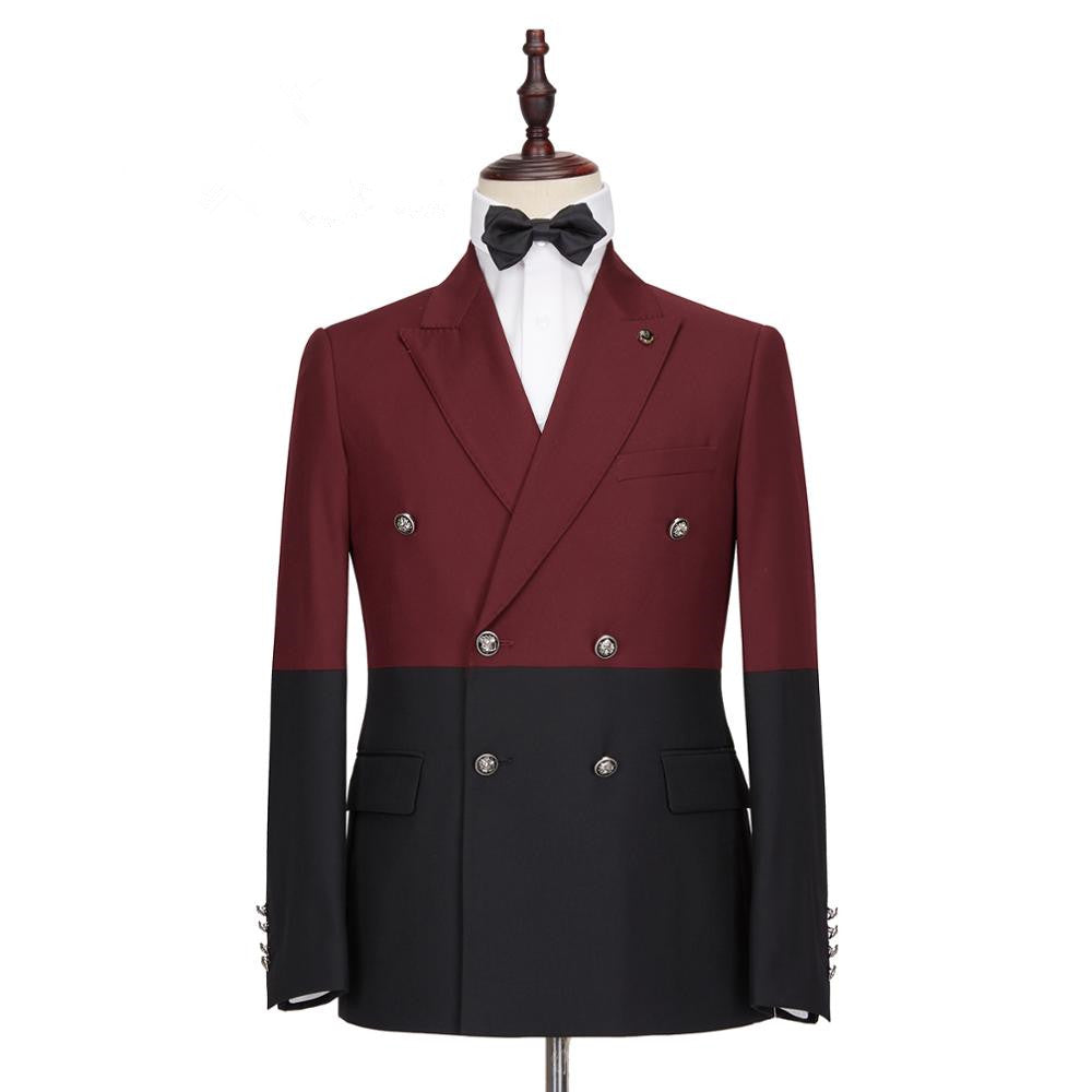 Fashionable Burgundy and Black Double-Breasted Prom Suit with Peaked Lapel for Men