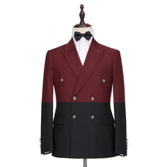 Fashionable Burgundy and Black Double-Breasted Prom Suit with Peaked Lapel for Men