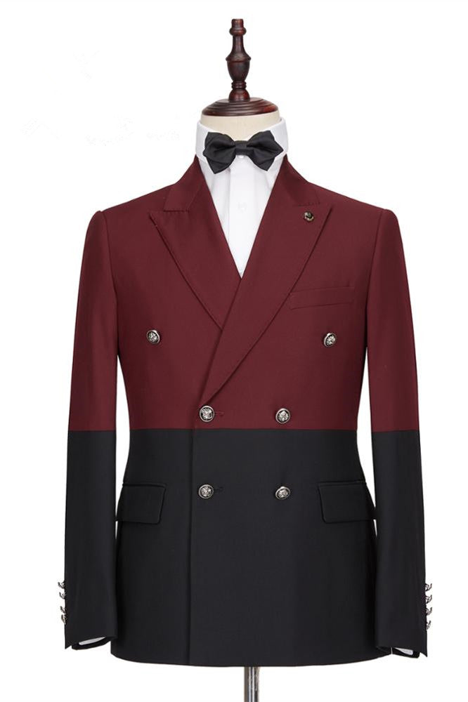 Fashionable Burgundy and Black Double-Breasted Prom Suit with Peaked Lapel for Men