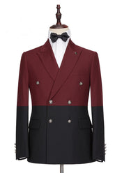 Fashionable Burgundy and Black Double-Breasted Prom Suit with Peaked Lapel for Men