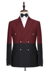 Fashionable Burgundy and Black Double-Breasted Prom Suit with Peaked Lapel for Men