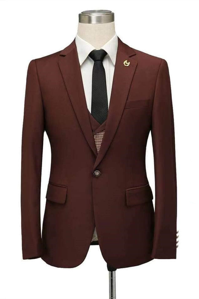 Fashionable Burgundy Fitted Wedding Suit with Notched Lapel for Men¡¯s Parties