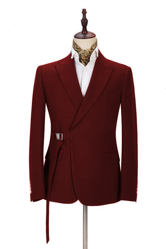 Fashionable Burgundy Prom Suit with Buckle Button and Peak Lapel for Boys