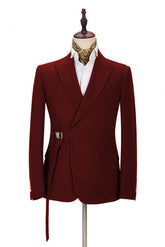 Fashionable Burgundy Prom Suit with Buckle Button and Peak Lapel for Boys