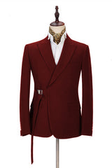 Fashionable Burgundy Prom Suit with Buckle Button and Peak Lapel for Boys