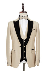 Fashionable Champagne Velvet Suit with Black Peak Lapel for Men