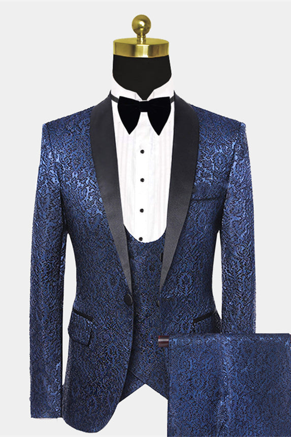 Fashionable Damask Floral Dark Navy Summer Wedding Suit with Black Satin Lapel