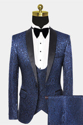 Fashionable Damask Floral Dark Navy Summer Wedding Suit with Black Satin Lapel