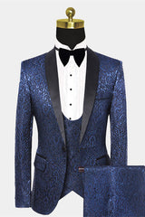 Fashionable Damask Floral Dark Navy Summer Wedding Suit with Black Satin Lapel