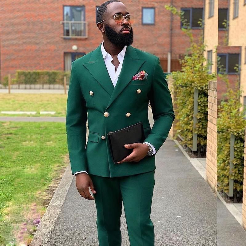 Fashionable Dark Green Evening Suit with Peaked Lapel and Double Breasted Design