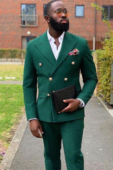 Fashionable Dark Green Evening Suit with Peaked Lapel and Double Breasted Design