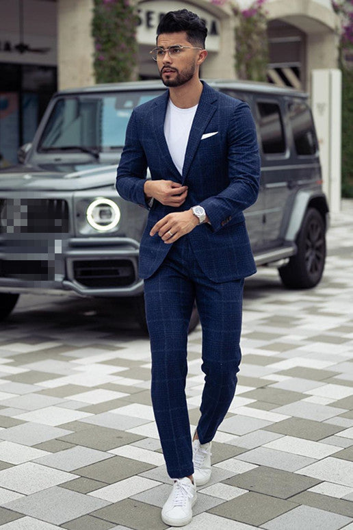 Fashionable Dark Navy Prince Suit for Groom with Plaid Notched Lapel
