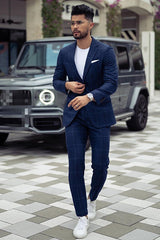 Fashionable Dark Navy Prince Suit for Groom with Plaid Notched Lapel