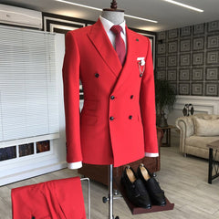 Fashionable Double-Breasted Red Wedding Suit with Peaked Lapel for Groom
