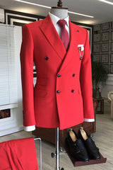 Fashionable Double-Breasted Red Wedding Suit with Peaked Lapel for Groom