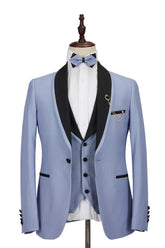 Fashionable Light Blue One-Button Suit with Black Shawl Lapel for Reception