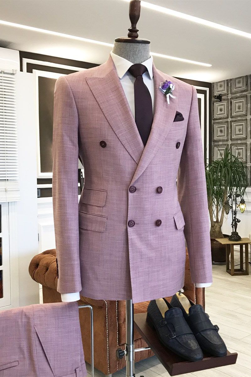 Fashionable Pink Double-Breasted Wedding Suit with Peaked Lapel and Three Flaps
