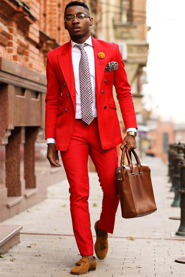 Fashionable Red Double-Breasted Blazer with Peaked Lapel for Party
