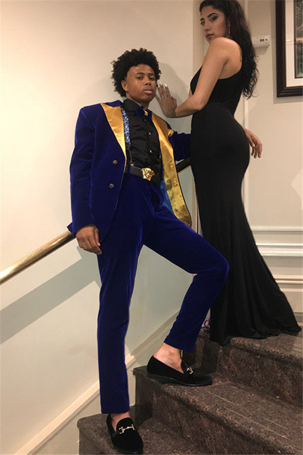 Fashionable Royal Blue Velvet Two-Piece Evening Suit