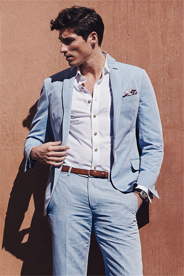 Fashionable Sky Blue Linen Summer Beach Wedding Suit for Men¡¯s Parties