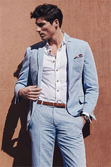 Fashionable Sky Blue Linen Summer Beach Wedding Suit for Men¡¯s Parties