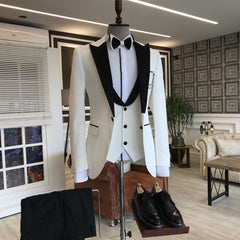 Fashionable White Three-Piece Party Evening Suit with Black Peaked Lapel
