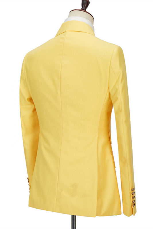Fashionable Yellow Double-Breasted Casual Prom Suit with Peaked Lapel for Men