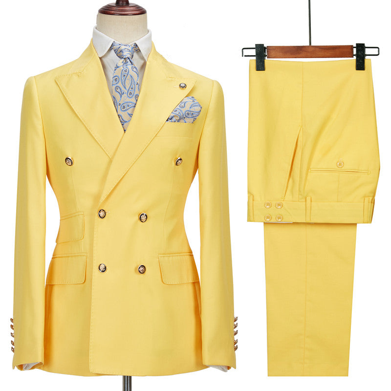 Fashionable Yellow Double-Breasted Casual Prom Suit with Peaked Lapel for Men