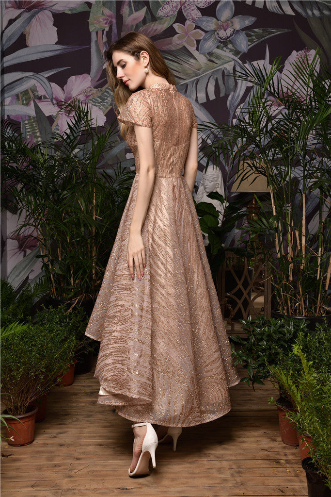 Fast Shipping High Low Rose Gold Prom Dress with Mini Sleeves