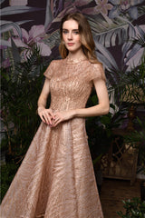 Fast Shipping High Low Rose Gold Prom Dress with Mini Sleeves