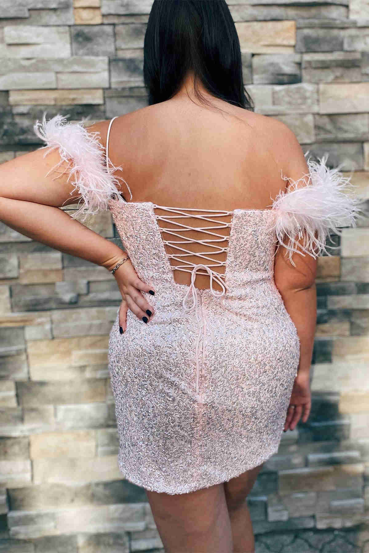 Feather Cold Shoulder Lilac Sequins Mini Homecoming Dress
