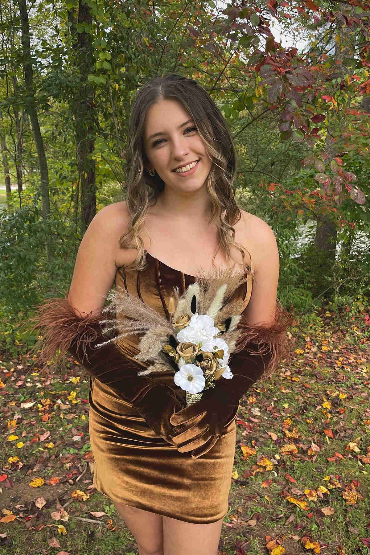 Fitted Burgundy Velvet Homecoming Dress with Feathered Gloves