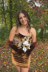 Fitted Burgundy Velvet Homecoming Dress with Feathered Gloves