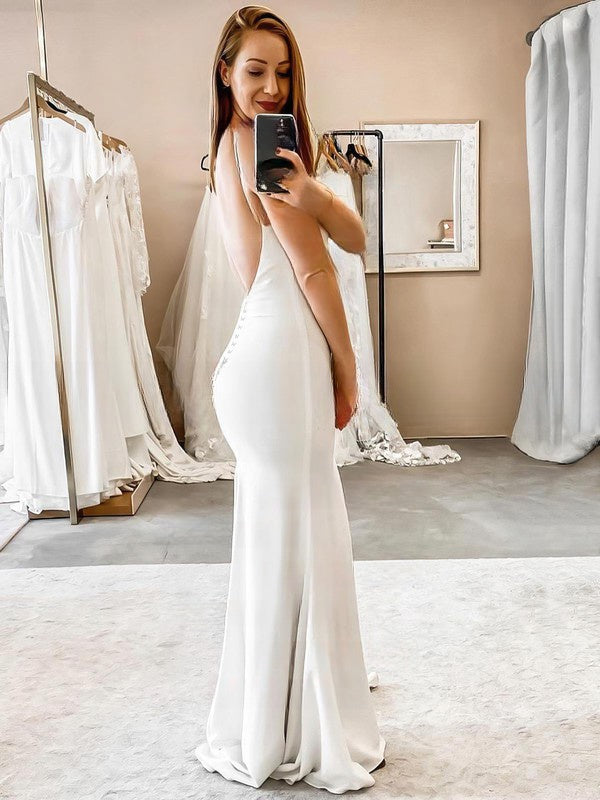 Floor-length Stretch Crepe V-neck Sheath/Column Wedding Dresses