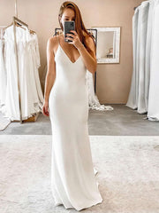Floor-length Stretch Crepe V-neck Sheath/Column Wedding Dresses