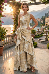 Floral Print A‑Line Princess One Shoulder Floor‑Length Evening Dresses with Ruffles