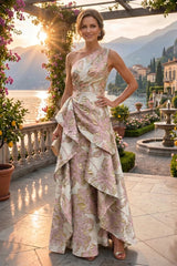 Floral Print A‑Line Princess One Shoulder Floor‑Length Evening Dresses with Ruffles