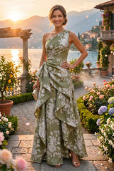 Floral Print A‑Line Princess One Shoulder Floor‑Length Evening Dresses with Ruffles