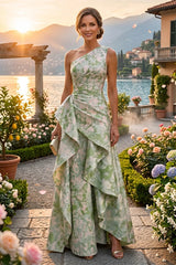 Floral Print A‑Line Princess One Shoulder Floor‑Length Evening Dresses with Ruffles