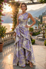 Floral Print A‑Line Princess One Shoulder Floor‑Length Evening Dresses with Ruffles