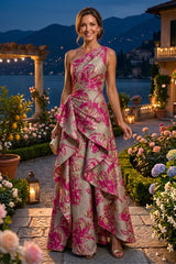 Floral Print A‑Line Princess One Shoulder Floor‑Length Evening Dresses with Ruffles