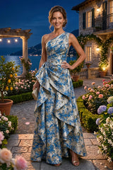 Floral Print A‑Line Princess One Shoulder Floor‑Length Evening Dresses with Ruffles