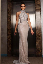 Long Mermaid Halter Sleeveless Formal Evening Dresses with Applique