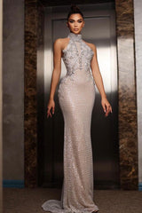 Long Mermaid Halter Sleeveless Formal Evening Dresses with Applique