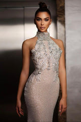 Long Mermaid Halter Sleeveless Formal Evening Dresses with Applique